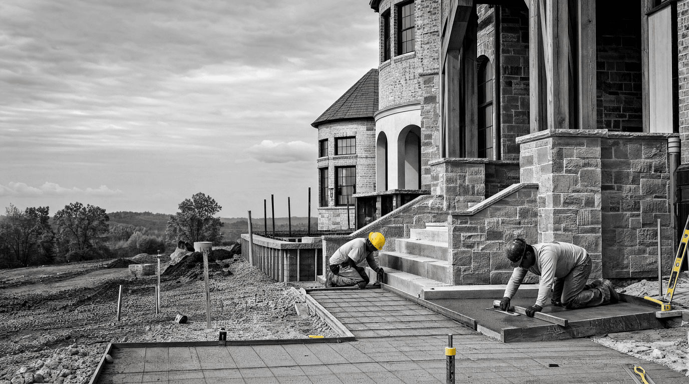 Workers building concrete areas beside brick and stone masonry at a residential property.
