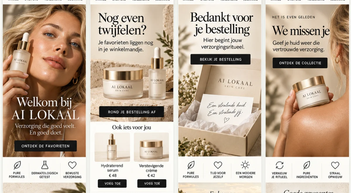 Vier e-mailontwerpen naast elkaar voor het fictieve merk AI Lokaal Skin Care: welkom, verlaten winkelwagen, bedankt voor je bestelling en we missen je
