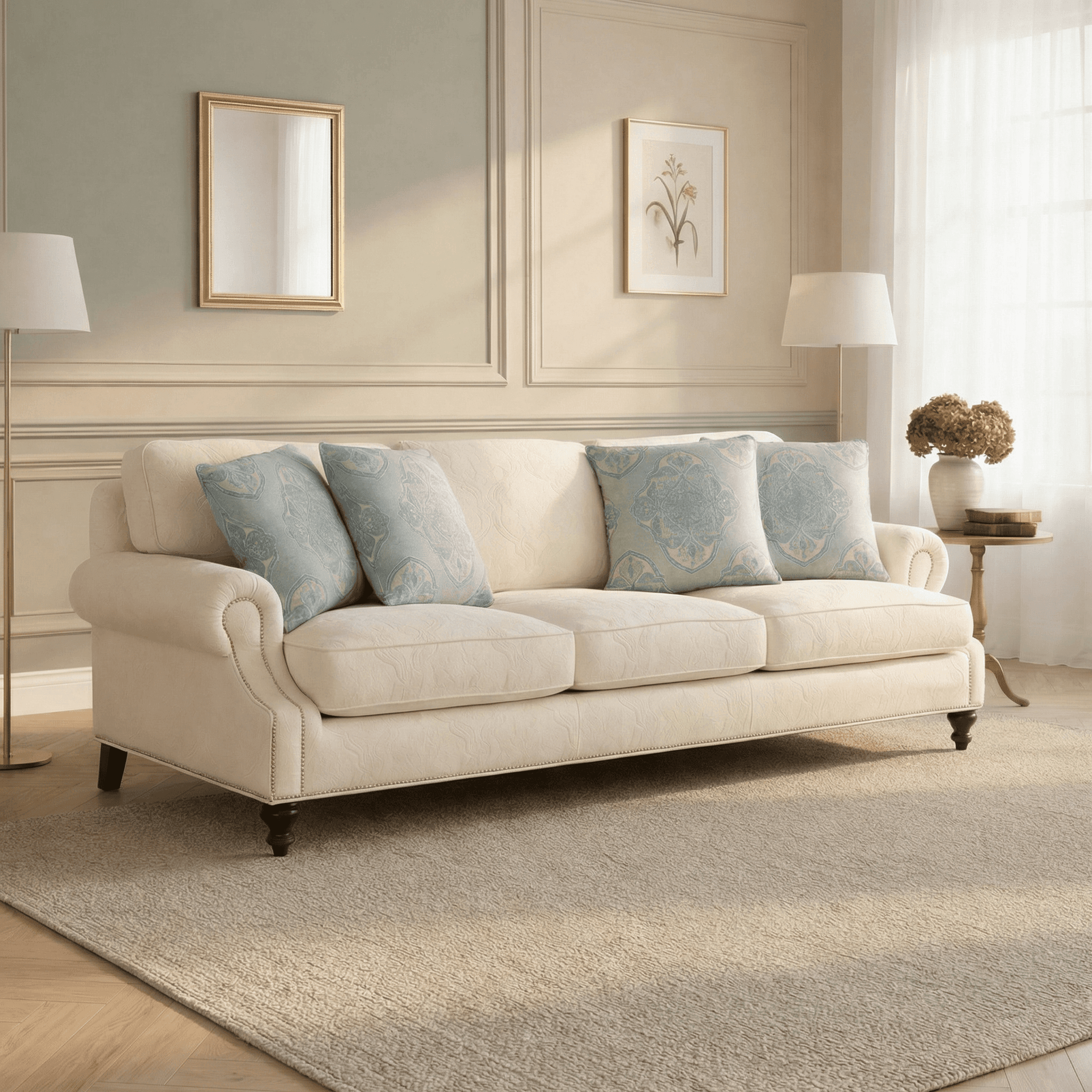 A classic three‑seater defined by rolled arms, plush cushions, and an elegant, tailored form.