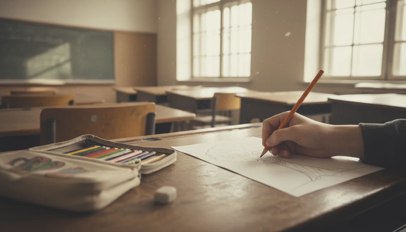 DSLR photograph of a student in a classroom setting, captured from a low angle at a wooden desk. The focus is sharp on a hand holding an orange colored pencil, actively drawing on a sheet of white paper. The image has a very shallow depth of field, with the foreground showing a blurry, open pencil case and the background softly out of focus. The scene is illuminated by soft natural daylight, creating a nostalgic mood with a warm, faded vintage color grade, desaturated tones, and soft contrast.