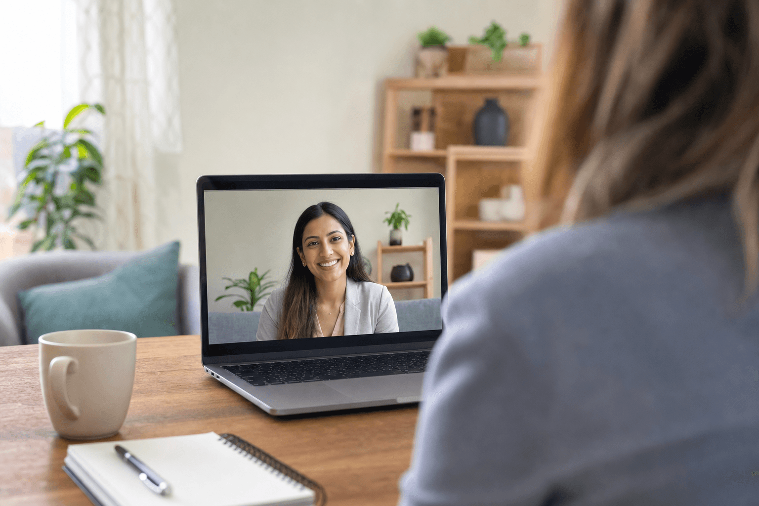 Professional telehealth video consultation between a patient and a psychiatric clinician, warm and welcoming home office setting, laptop screen showing friendly healthcare provider during virtual appointment, clean modern aesthetic, soft natural lighting, calm and reassuring atmosphere, photorealistic style