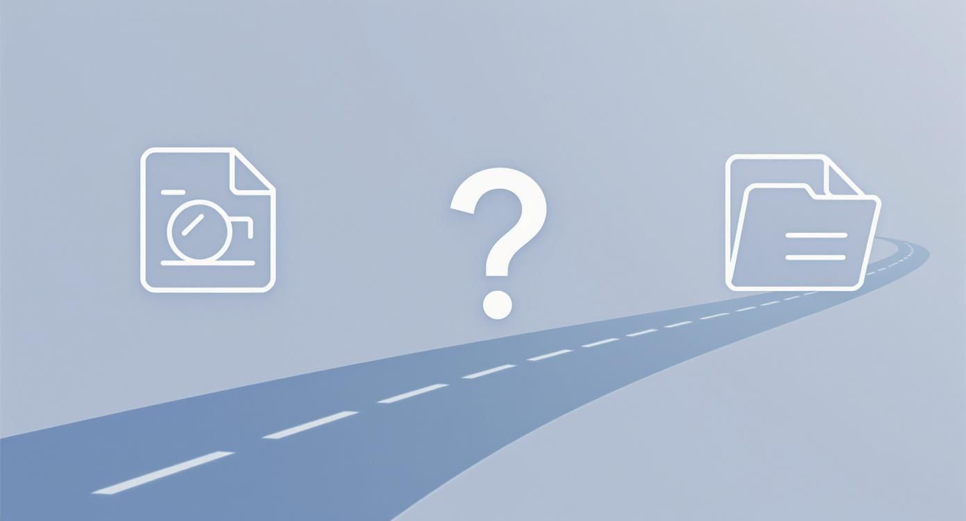 Ein Weg mit Fragezeichen, der die Entscheidung zwischen einem Dokument mit Uhr und einem Ordner darstellt.