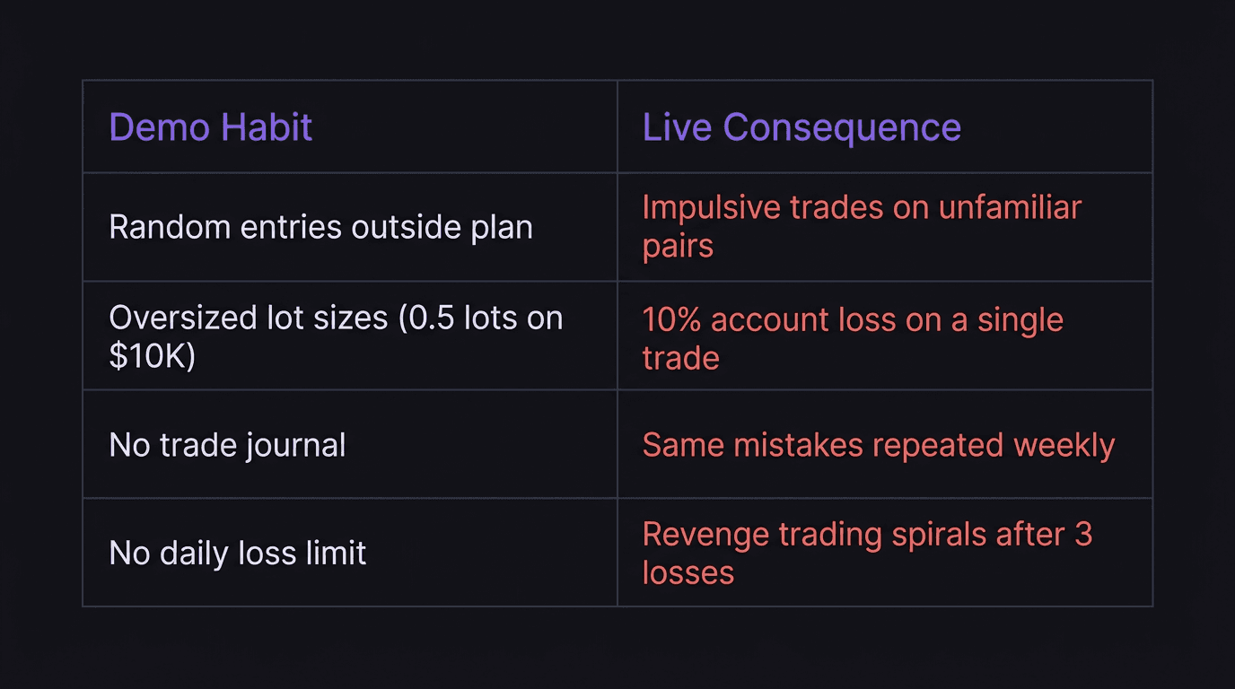 Comparison table showing demo trading habits versus their live trading consequences