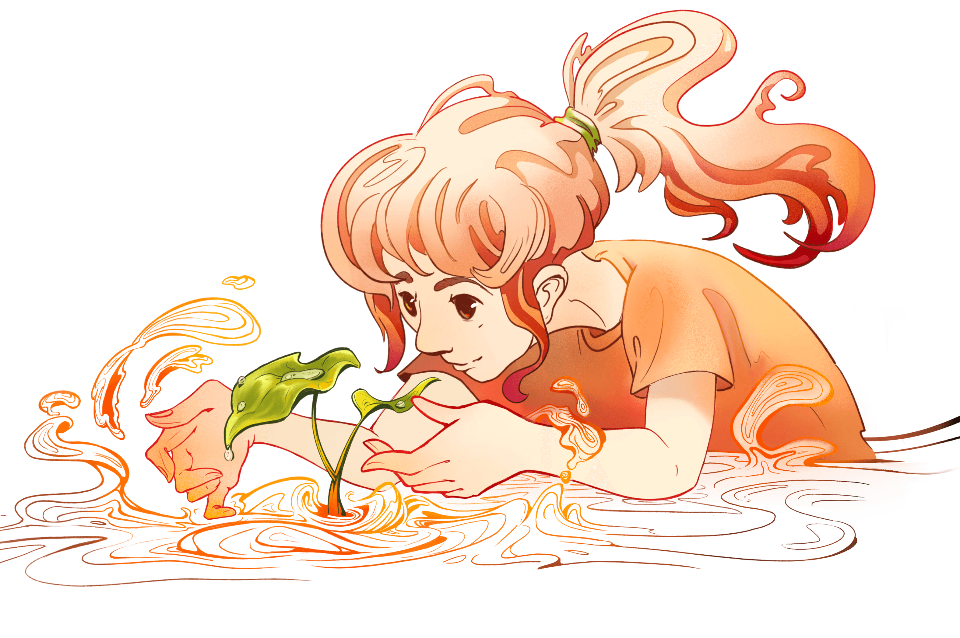 Junge Frau, die sich um eine wachsende junge Pflanze kümmert und ihre Hände danach behutsam ausstreckt