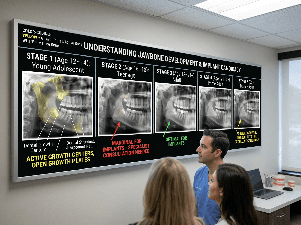 Jawbone development timeline by age showing progression from childhood growth plates through adult maturity indicating optimal dental implant placement ages and candidacy