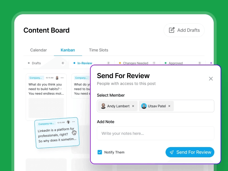Supergrow's team content board, showing the option to send a specific post for review with a note and team notification option