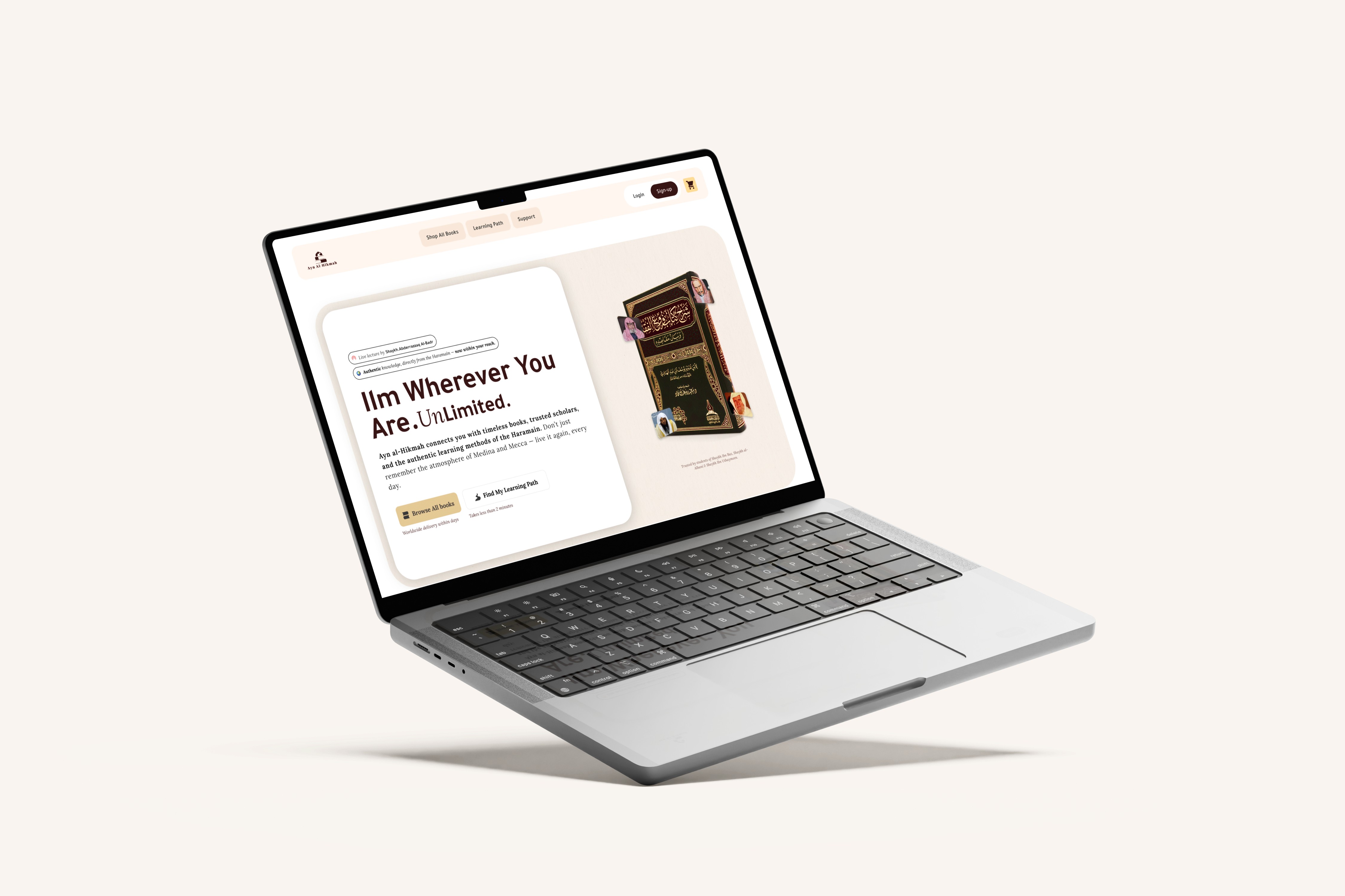 Laptop displaying an Islamic book store website with personalized learning paths, shown against a soft cream background.
