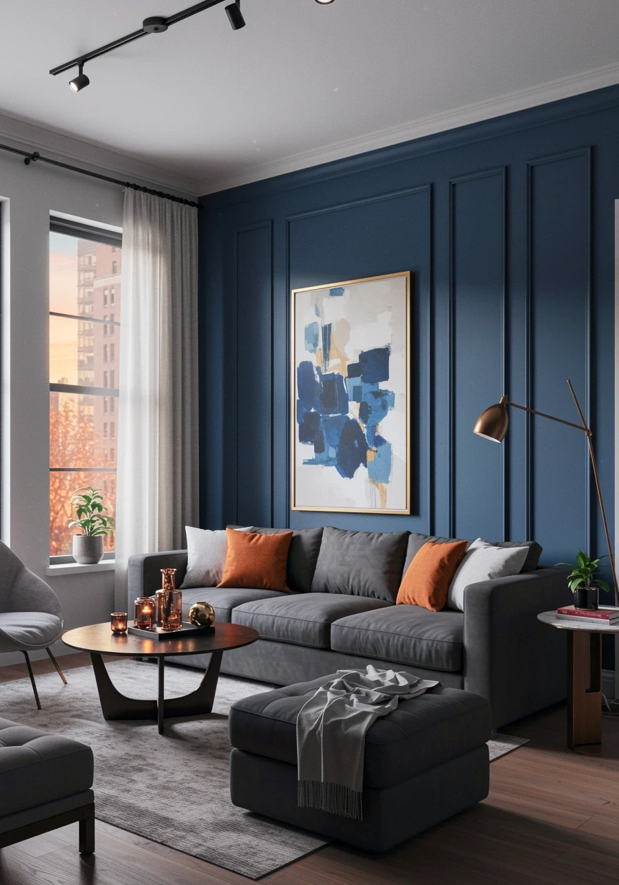 Contemporary NYC apartment with navy blue accent wall and modern furnishings