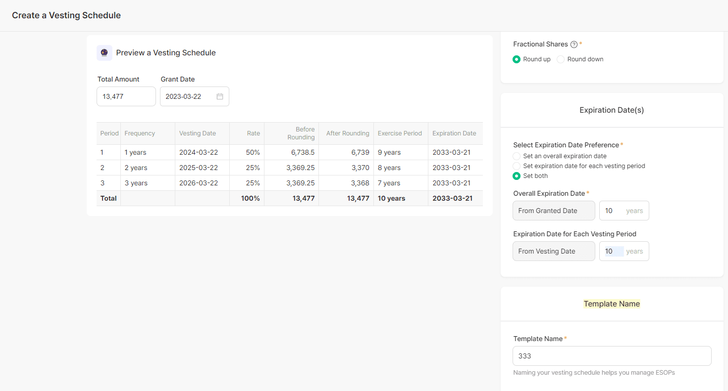 Preview/Simulate the Newly Created Vesting Schedule