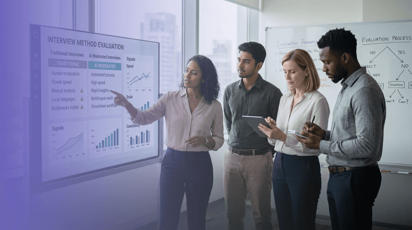 Research team evaluating traditional interviews and AI moderated interviews on a dashboard to compare speed, scale, consistency, and workflow efficiency.