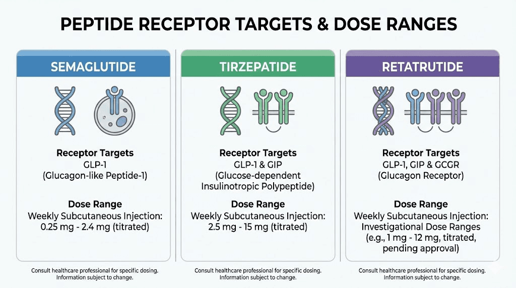Retatrutide vs semaglutide vs tirzepatide dosage comparison chart