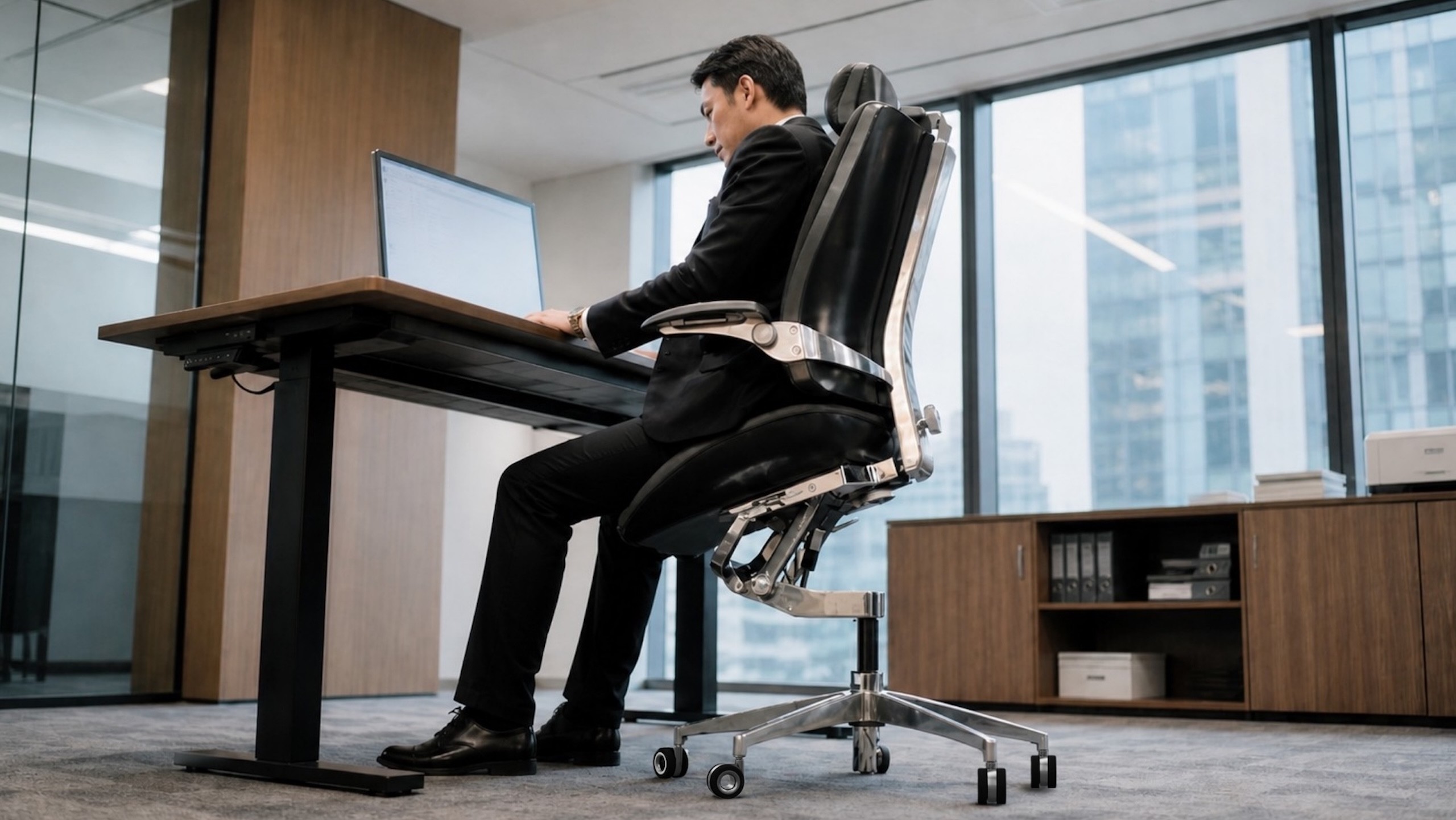 A professional in an Elevated Seating position in a Levitask Vision chair and working on a Height Adjustable Desk