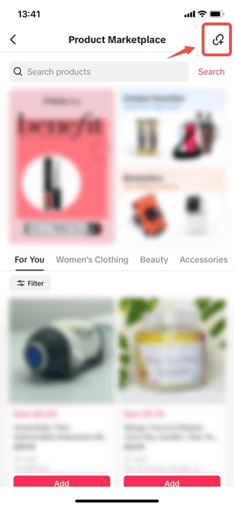 A blurred mobile phone screenshot of a shopping app's product marketplace showing various items and offers.