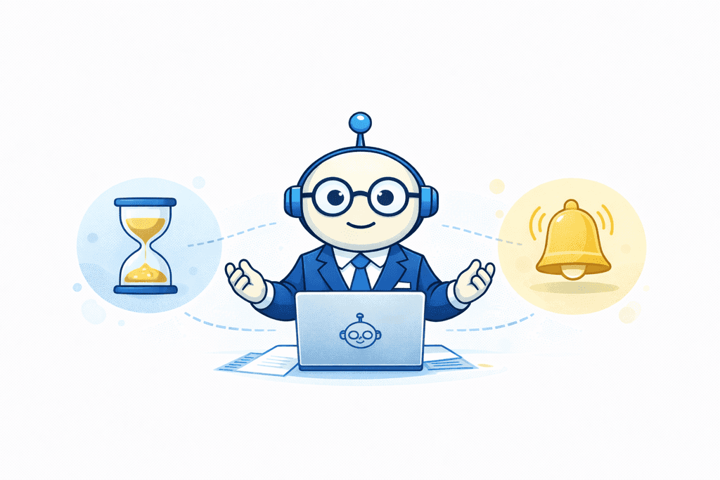 System sygnalizacji w aplikacji księgowej – robot, klepsydra i dzwonek pokazujące status pracy i gotową odpowiedź