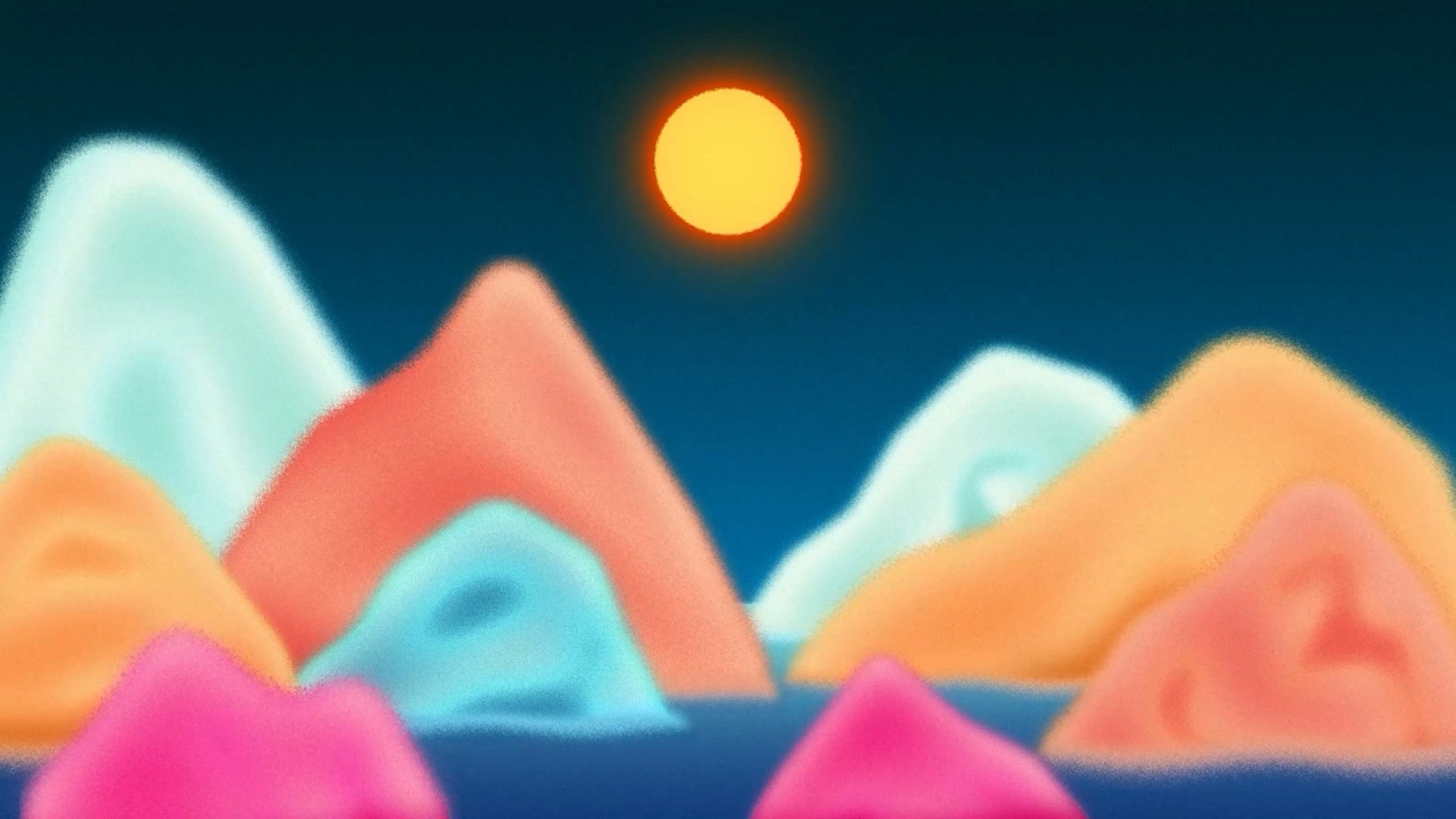 2D Animation of a stylized illustration of mountains and the sun