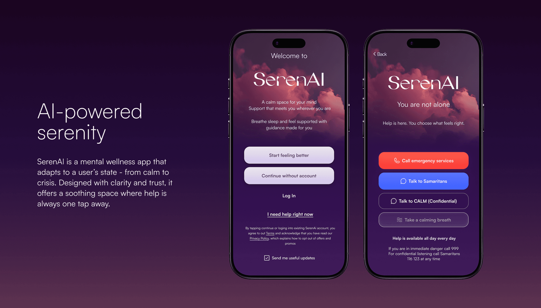 SerenAI onboarding and crisis support screens showing sign-up options and immediate access to emergency tools.