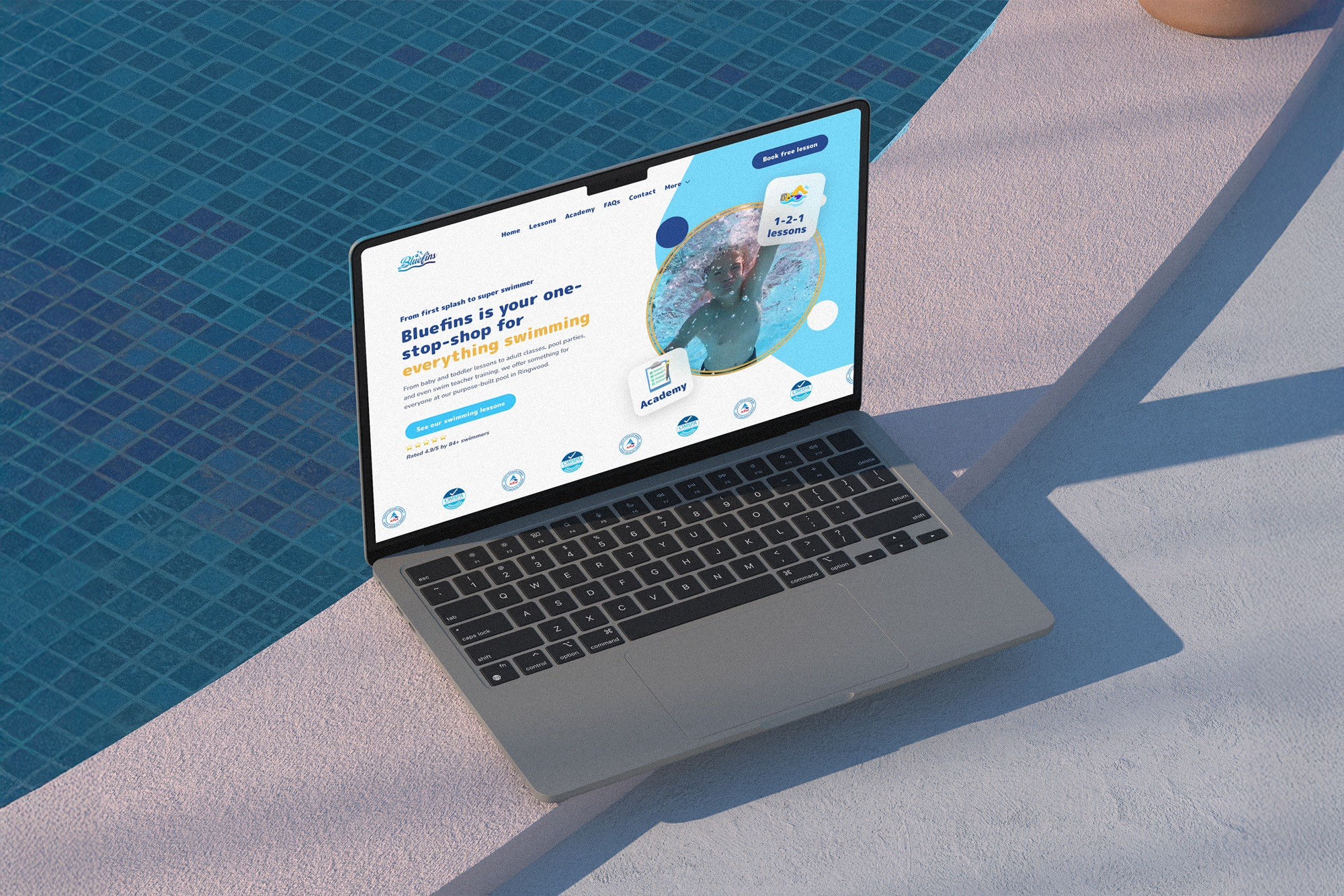 Responsive Bluefins Swimming website showcasing classes, swimming lessons and free trials
