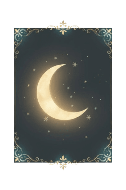 Decorative card showing a crescent moon and stars