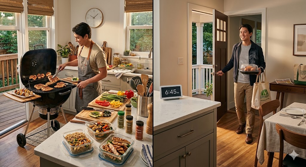 A split-screen image comparing home cooking and convenience. The left side shows a man grilling chicken on a deck with extensive meal prep ingredients, cutting boards, and spices spread across the kitchen counter. The right side shows a man arriving home through the front door at 6:45 PM holding a ready-to-eat grocery store rotisserie chicken, bags, and mail. Both scenes feature modern home interiors and warm, natural lighting.