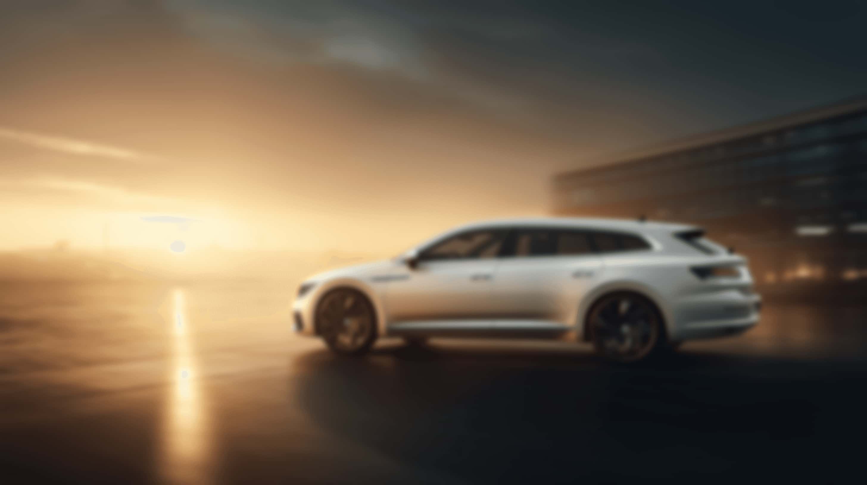 Ein weißer Volkswagen Arteon Kombi fährt bei Sonnenuntergang auf der Straße; er hat dunkle Felgen und ein elegantes Design.