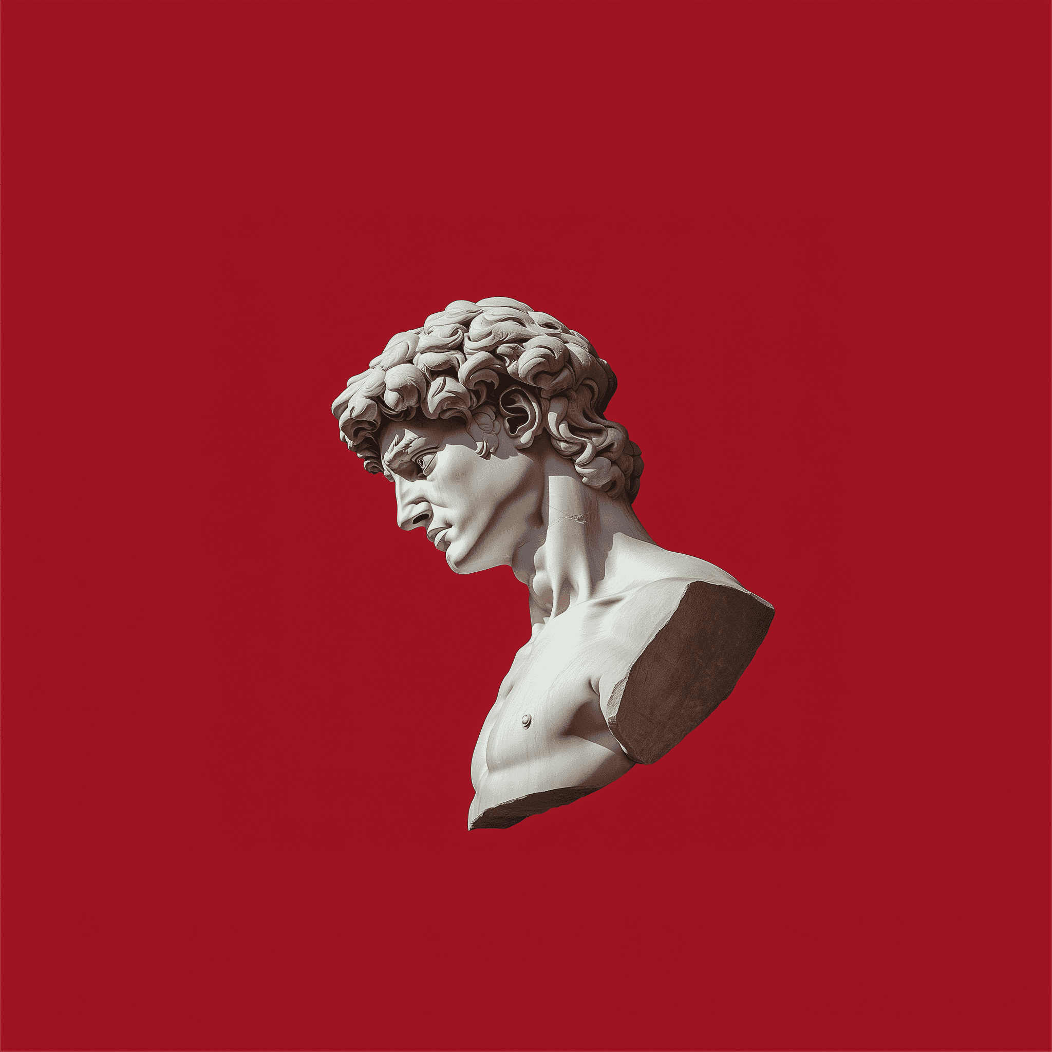 A white sculpture of David's head on a red background, in the style of Michelangelo, depicting only the head