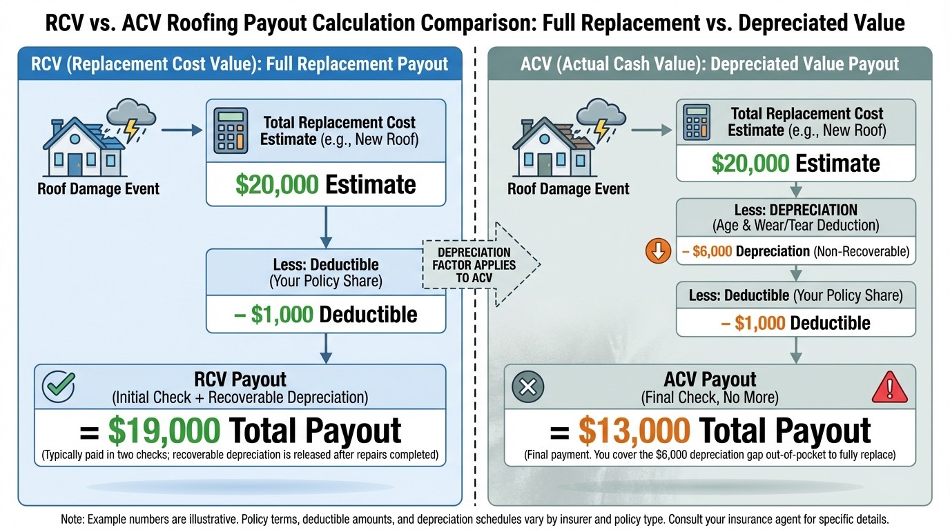 ACV vs RCV insurance coverage comparison showing depreciation impact on 20 year old roof