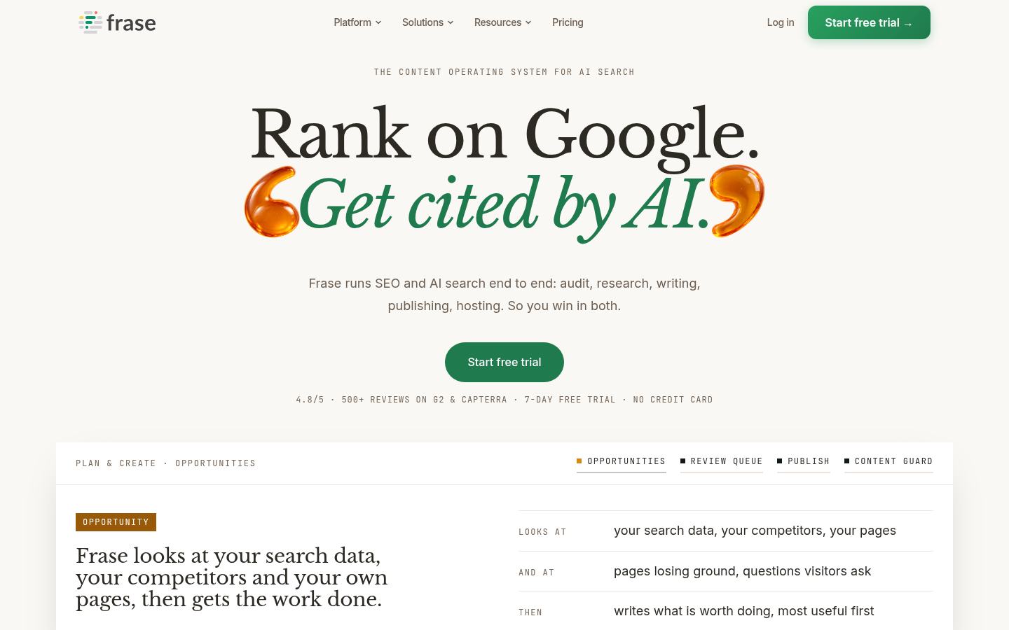 Frase public homepage describing its content operating system