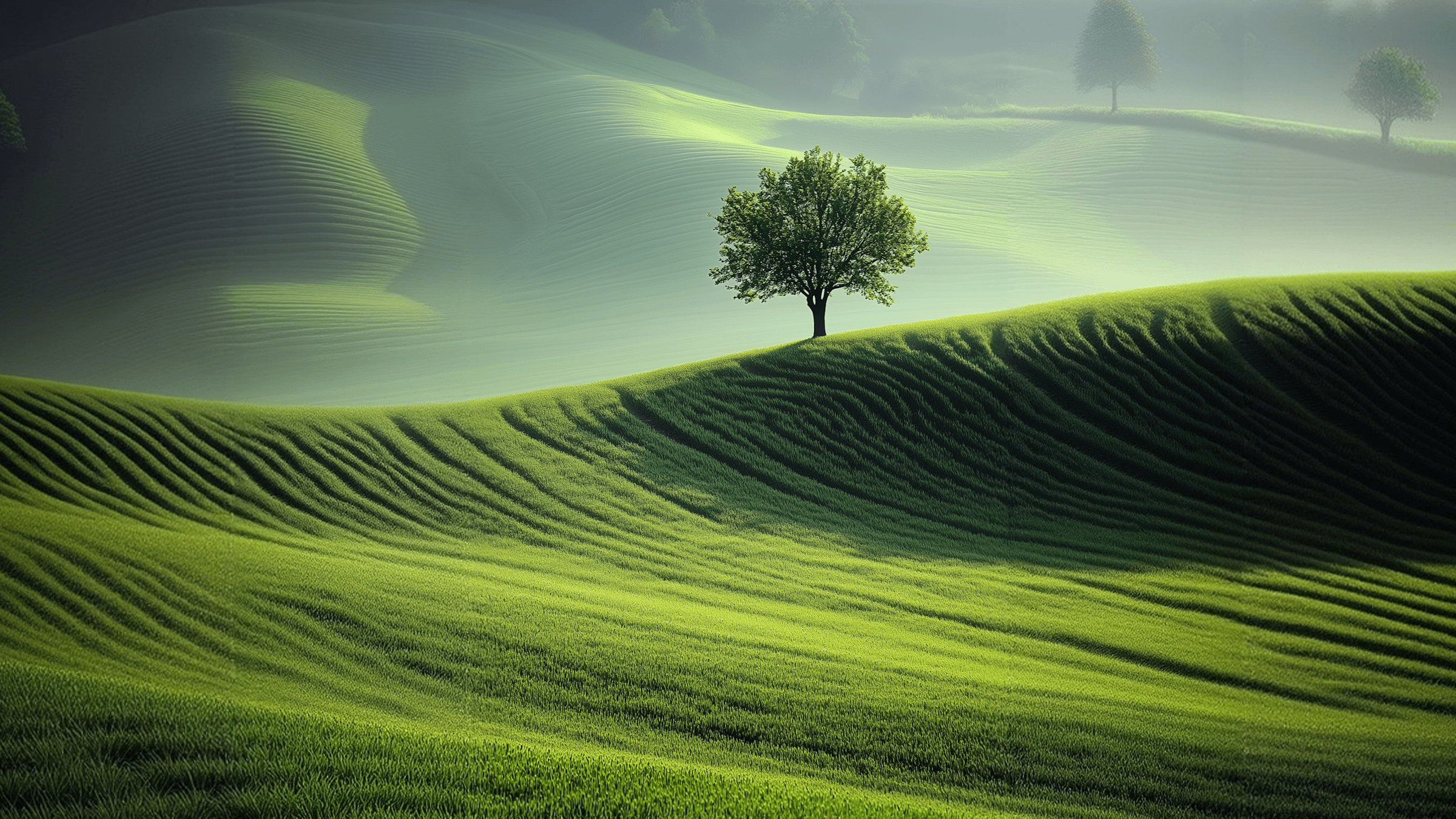 A solitary tree stands on rolling green hills under a moody sky, creating a serene and tranquil landscape.