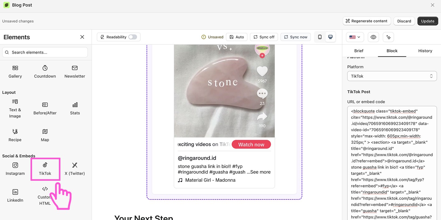How to embed TikTok clips to a blog post in Shopify?