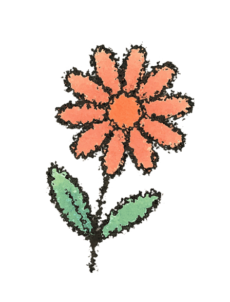 A simple illustration of a pink flower with green leaves on a light blue background.