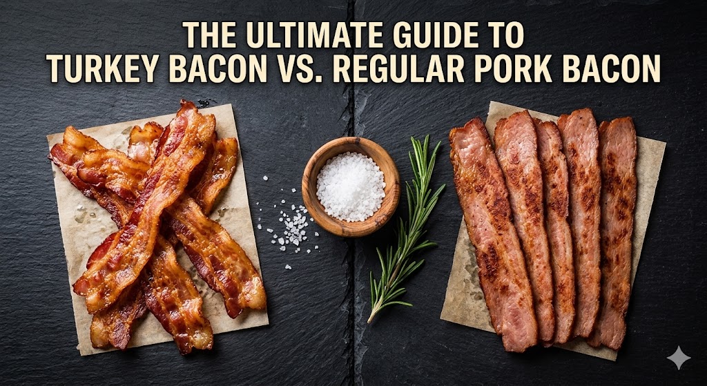 An infographic and product comparison image of crispy pork bacon on the left and neatly sliced turkey bacon on the right, resting on dark slate. Both bacons are served on individual squares of brown butcher paper with a center bowl of sea salt and a sprig of fresh rosemary. The title text at the top reads, "THE ULTIMATE GUIDE TO TURKEY BACON VS. REGULAR PORK BACON".