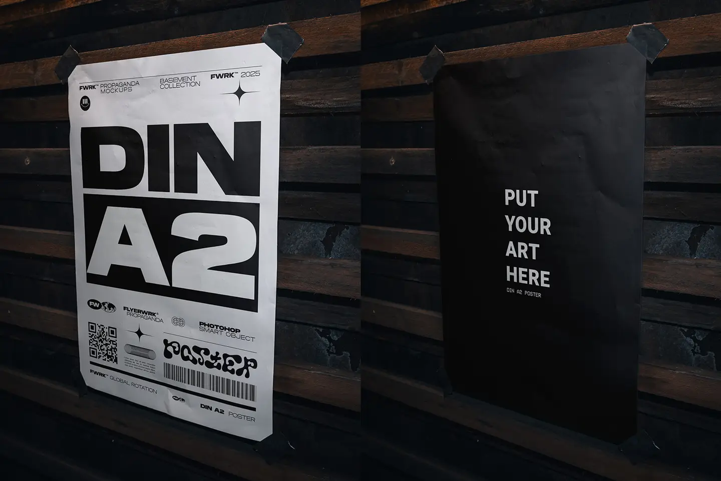 Basement A2 poster mockup taped to gritty wall with duct tape corners