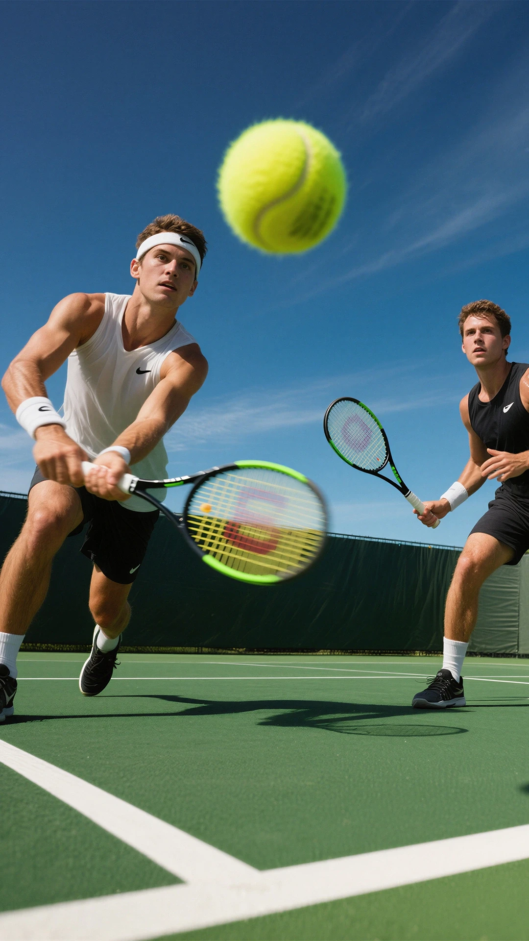 Two athletes on a tennis court, focusing on a yellow ball under a blue sky. Energetic sports moment.