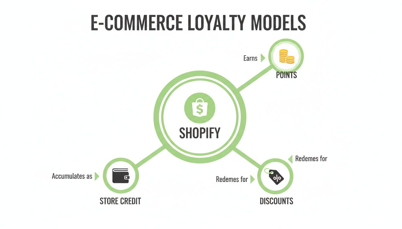 Infographic showing Shopify e-commerce loyalty models, including earning points and redeeming for store credit or discounts.
