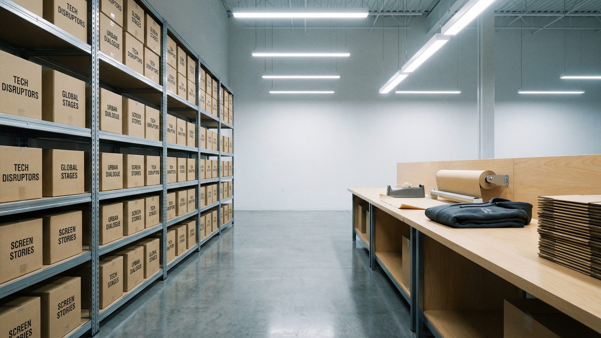 A clean, organized fulfillment warehouse with shelving units stacked with branded boxes for different podcast shows on the left, and a tidy packing station with a folded hoodie ready to ship on the right.