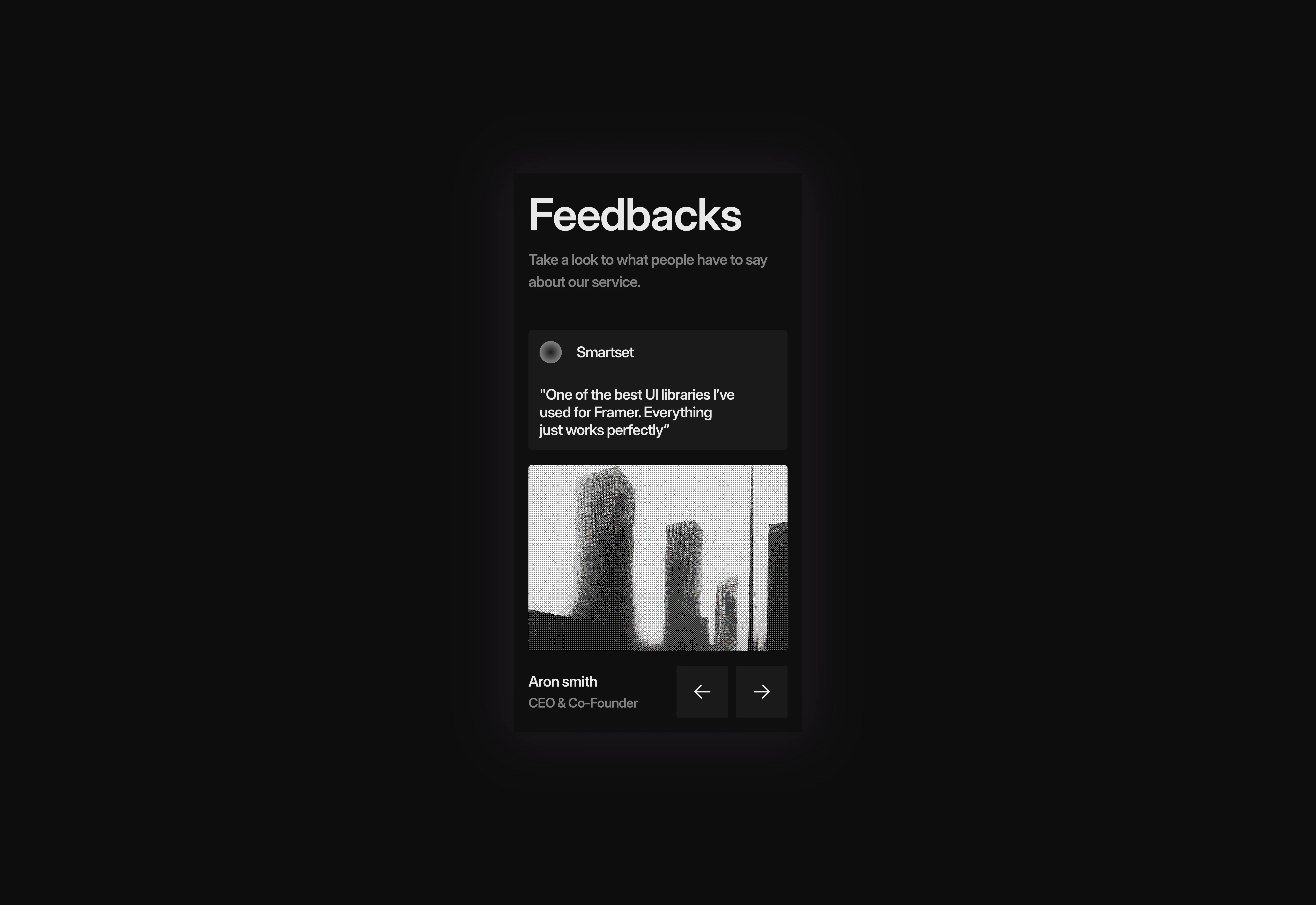 A dark themed minimal style testimonials section with slider. The UI optimized for phone screens.