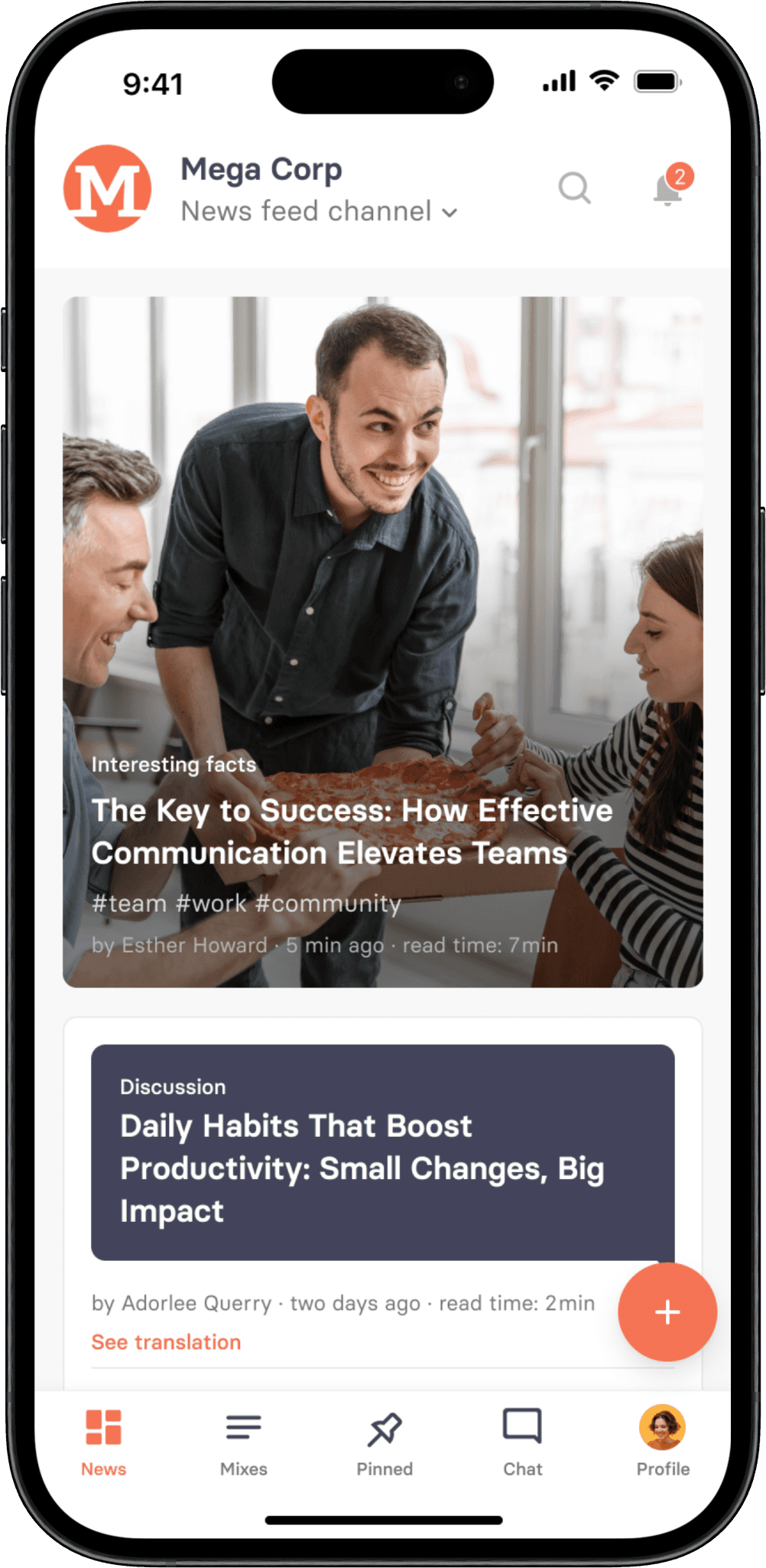 Illustration showcasing tchop's news feed channel, designed for effective internal communication that enhances team collaboration and engagement.