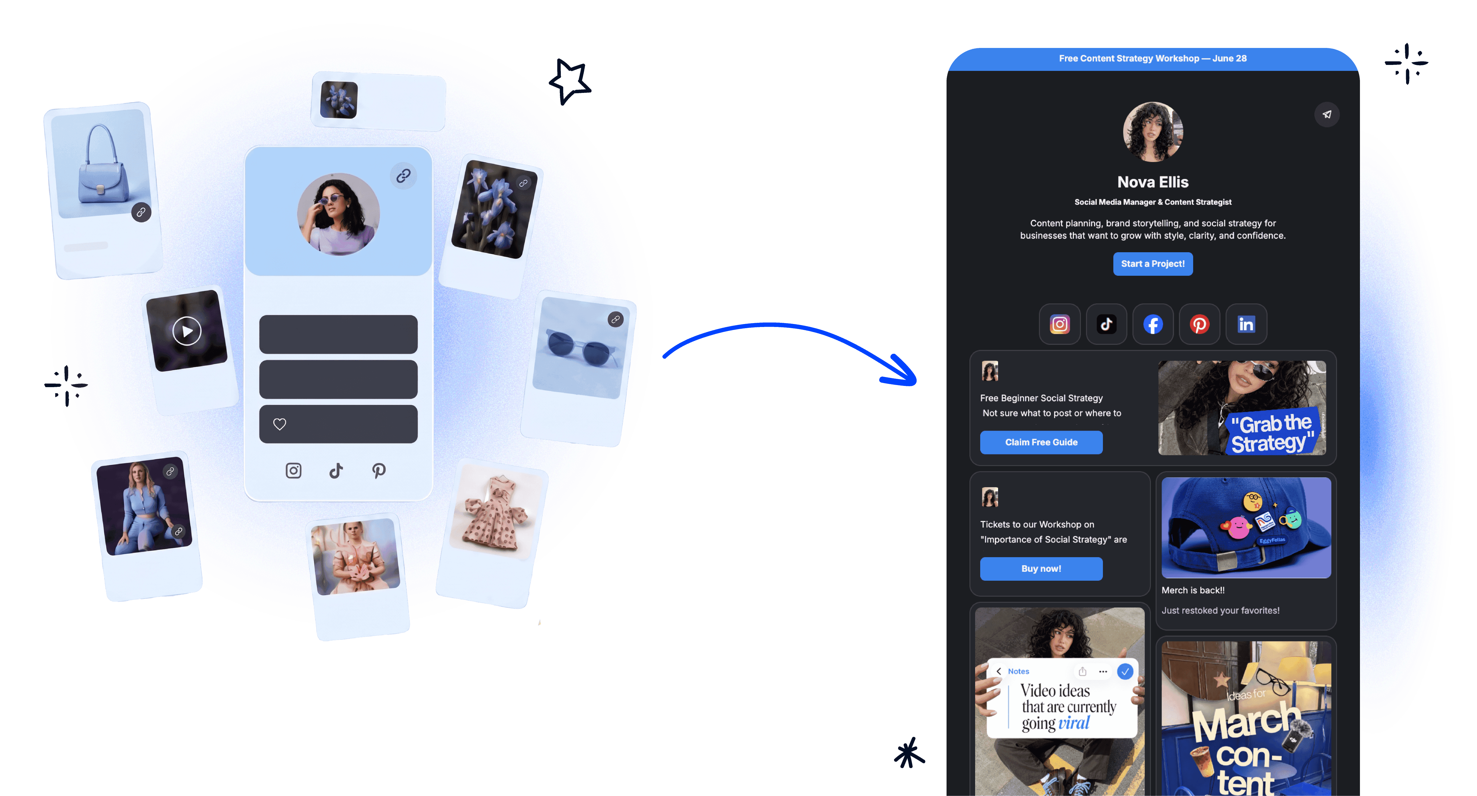 A comparison illustration showing a chaotic, cluttered link page versus a clean, branded, high-converting design.