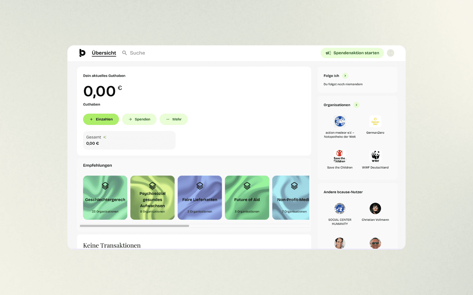 Dashboard von bcause.com mit Bereich ‚Dein aktuelles Guthaben' (0,00 €), grünen Buttons ‚Einzahlen', ‚Spenden' und ‚Mehr', sowie Empfehlungen und Organisationen