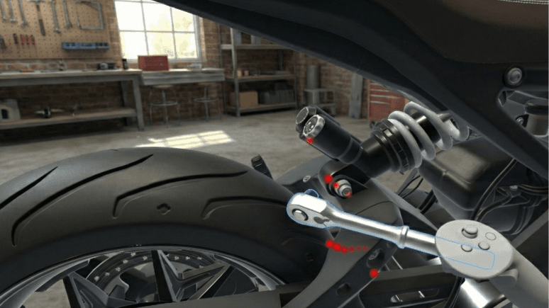 In a Campfire scene, a digital torque wrench model approaches the rear suspension of a motorcycle, with red markers highlighting collision points.