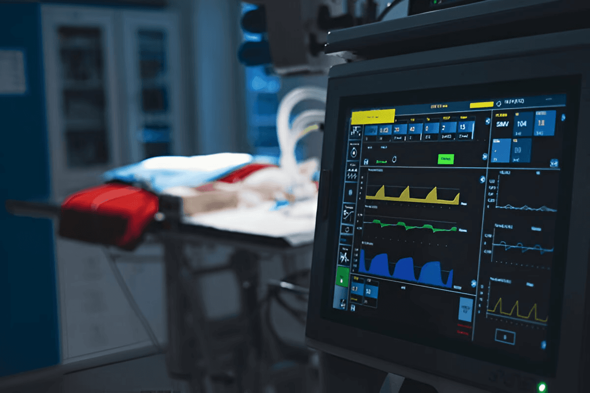 A laptop sits on a bed with dark blue bedding, accompanied by a cup of coffee beside it.