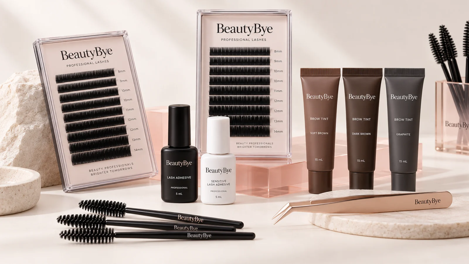 BeautyBye professional lash trays, adhesive and tweezers arranged on a warm neutral background