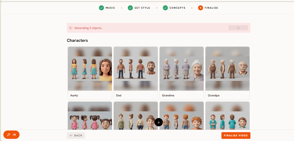 The Finalise step in Atlabs showing character selection before rendering