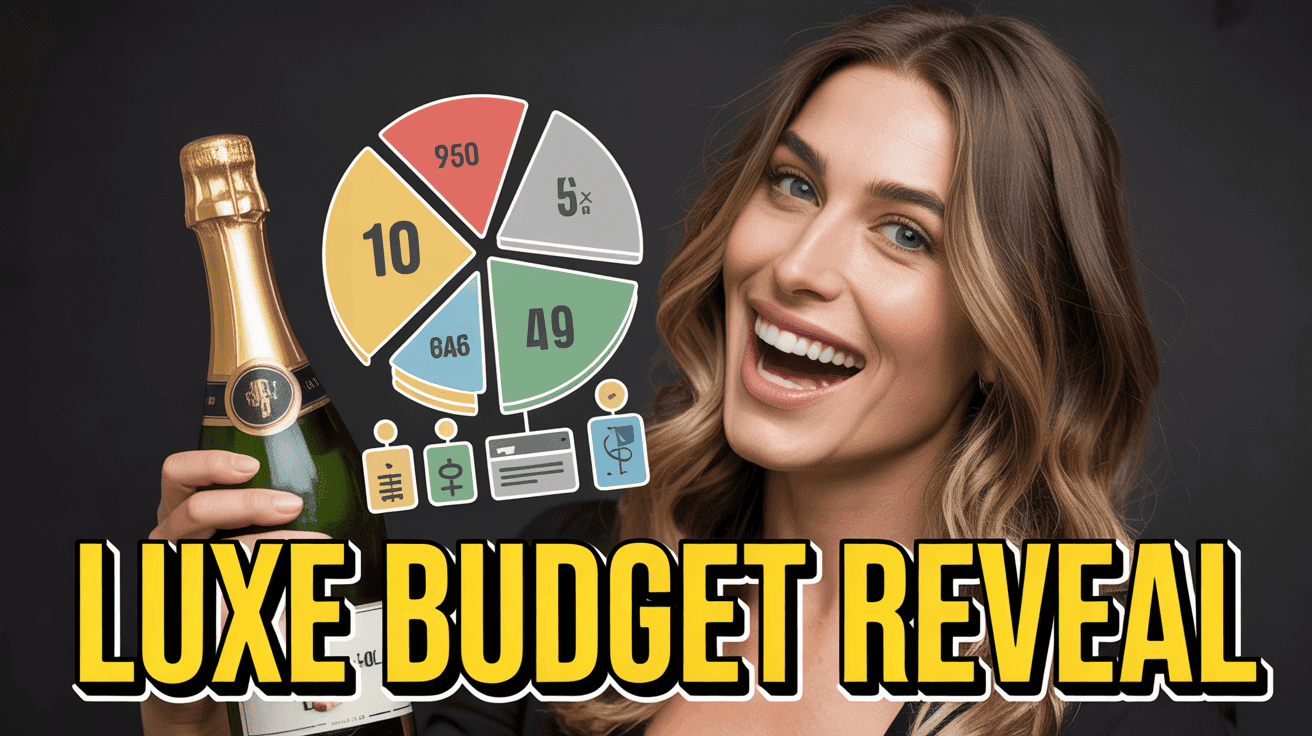Luxury Budget Breakdown Thumbnail Template featuring luxury lifestyle creator holding champagne with transparent budget pie chart and expense icons
