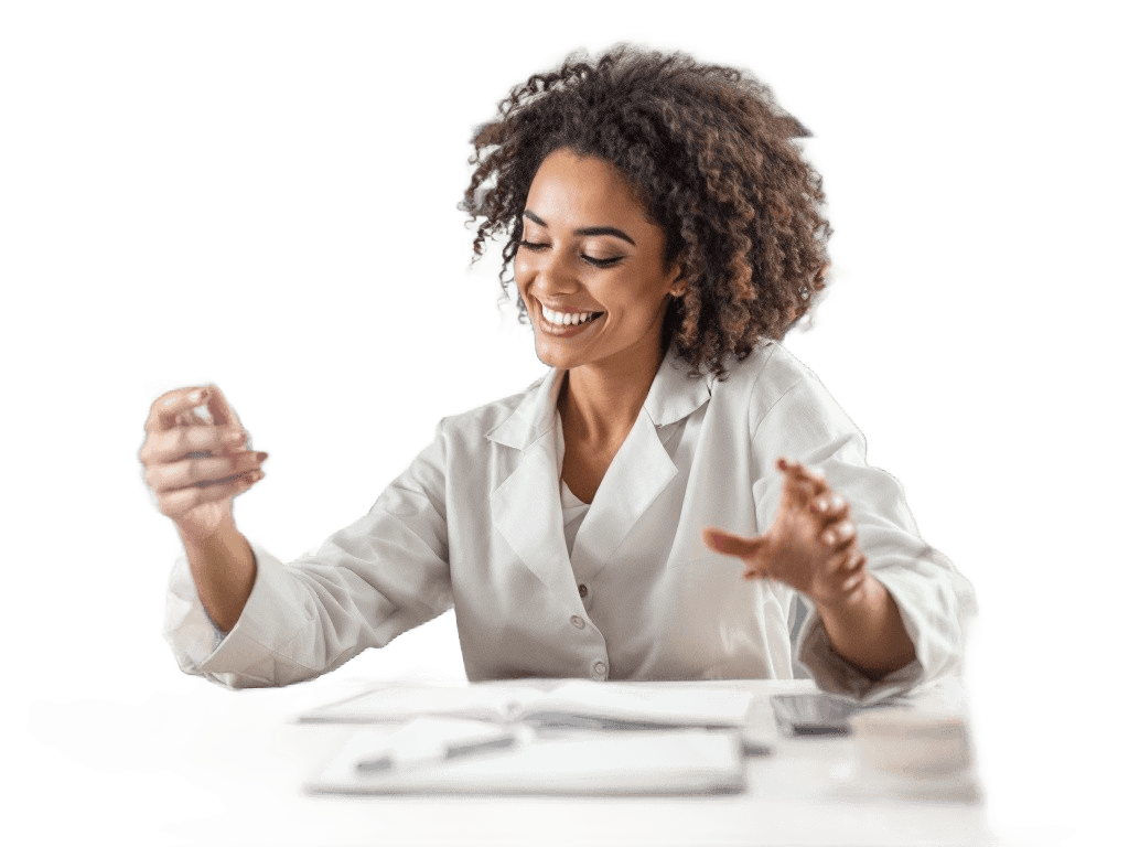 A smiling woman doctor is sitting at her desk and looking at a computer screen showing a medical screening test. (Background Removed)