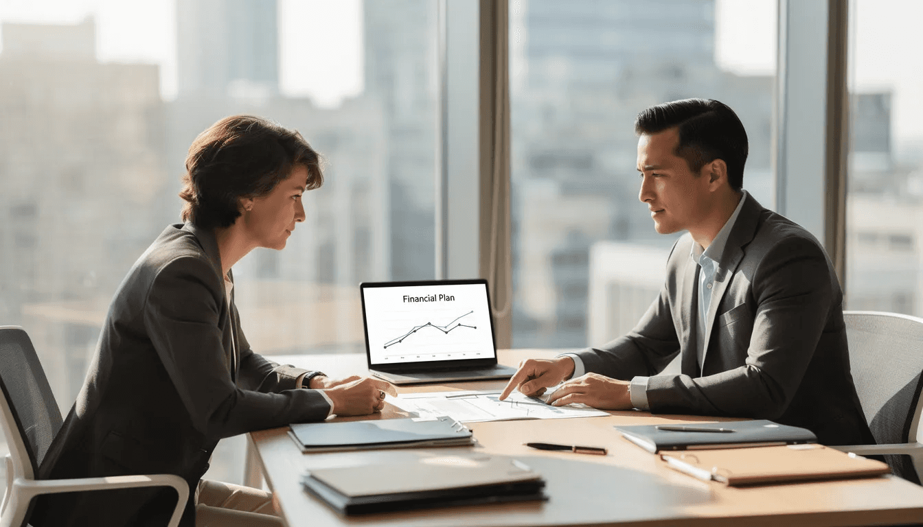 The image shows a person sitting at a desk in an office, engaged in a discussion with a financial professional about inherited IRA rules and distribution options. They appear to be reviewing documents related to IRA assets and beneficiary options, emphasizing the importance of understanding the implications of the account owner's death on required minimum distributions.