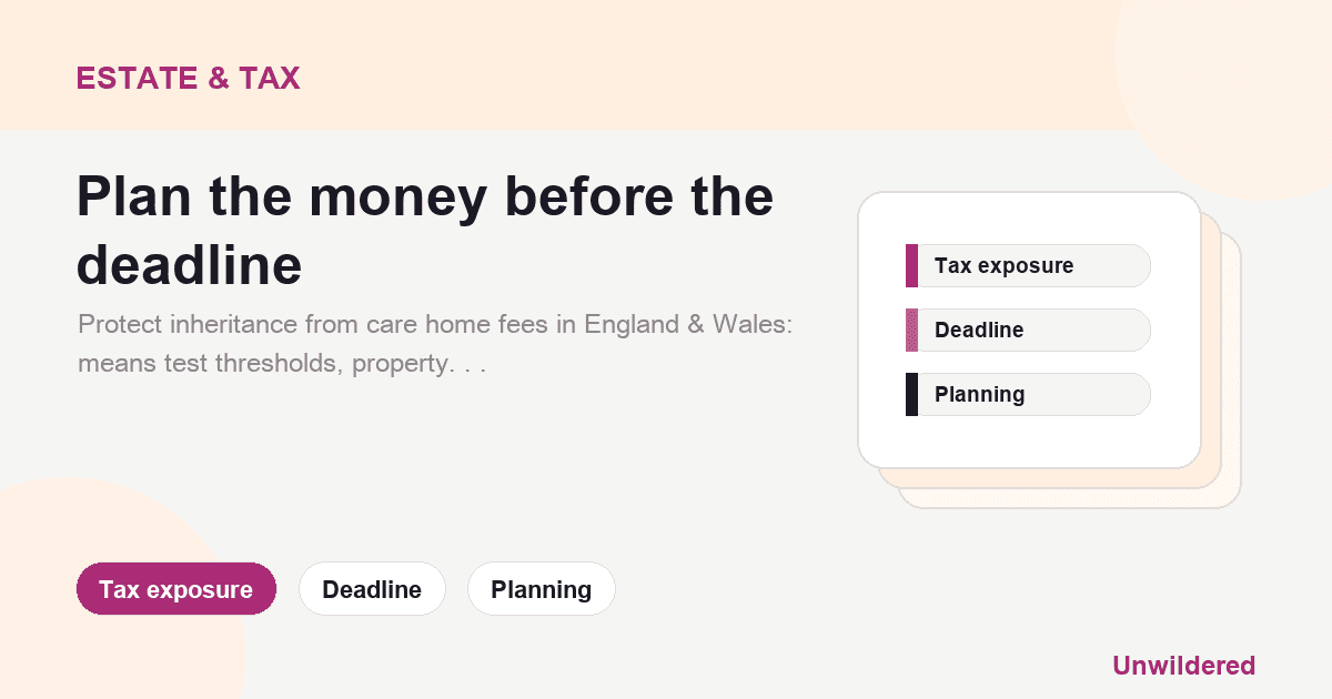 Explainer card for Protecting inheritance from care home fees: Tax exposure, Deadline, Planning.