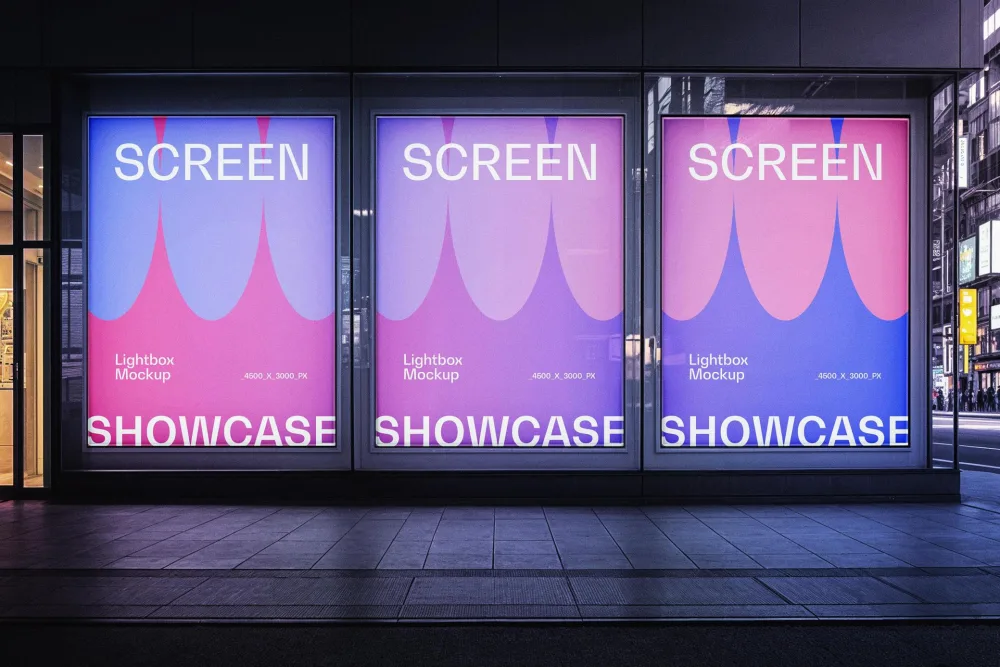 A row of three illuminated lightbox poster mockups with vibrant purple and pink gradient designs, displayed behind glass windows on a nighttime city street. Reflective surfaces enhance the urban ambiance.