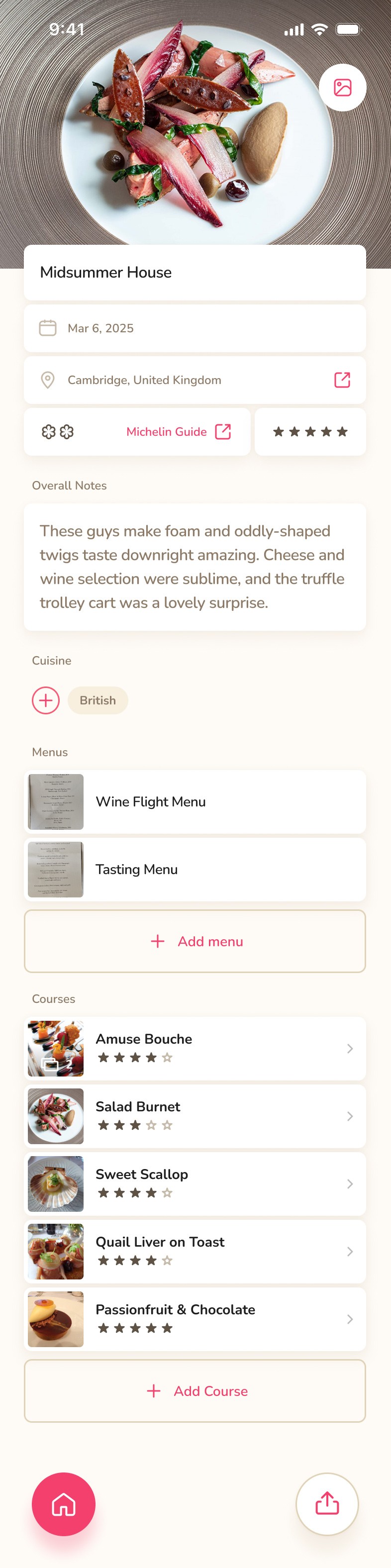 A fully-populated meal object with all your details and notes.
