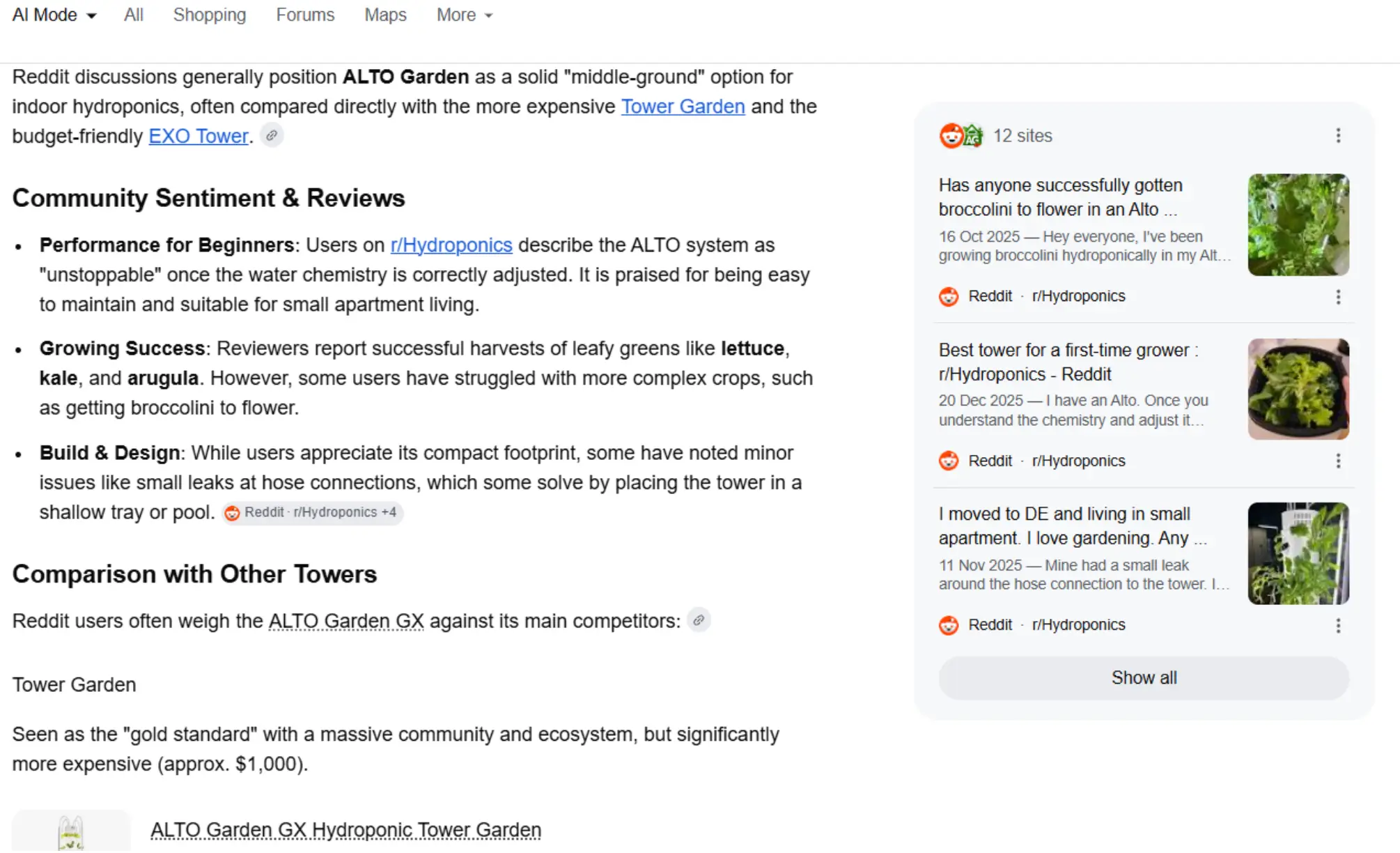 Al overview summary of ALTO Garden hydroponics reviews and Reddit community discussions.